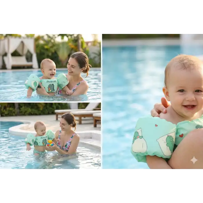 Çocuk Kollu Can Yeleği Emniyet Kilitli Gövde Destekli Yüzme Yardımcısı Dinozor Desenli