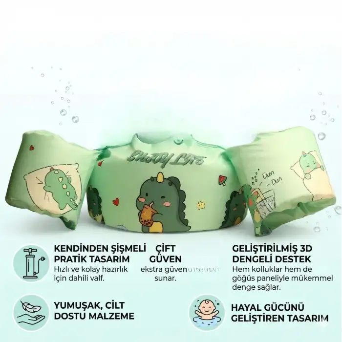 Çocuk Kollu Can Yeleği Emniyet Kilitli Gövde Destekli Yüzme Yardımcısı Dinozor Desenli