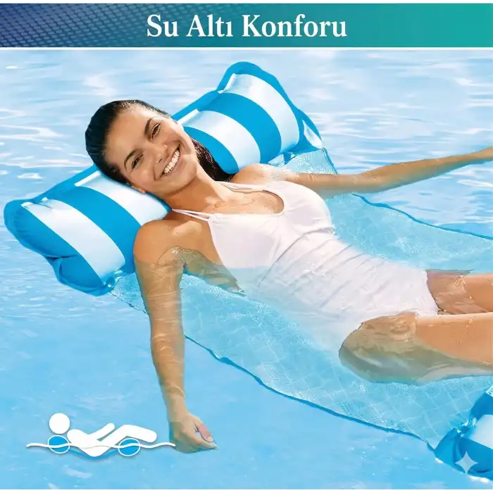 Hava Yastıklı Fileli Şişme Havuz Koltuğu 4ü 1 Arada Deniz Ve Havuz Yatağı Mavi