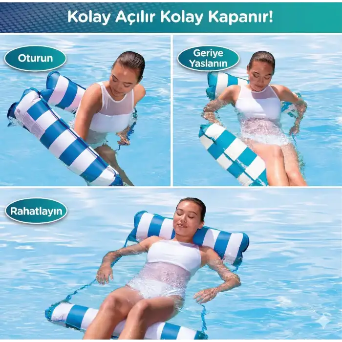 Hava Yastıklı Fileli Şişme Havuz Koltuğu 4ü 1 Arada Deniz Ve Havuz Yatağı Mavi