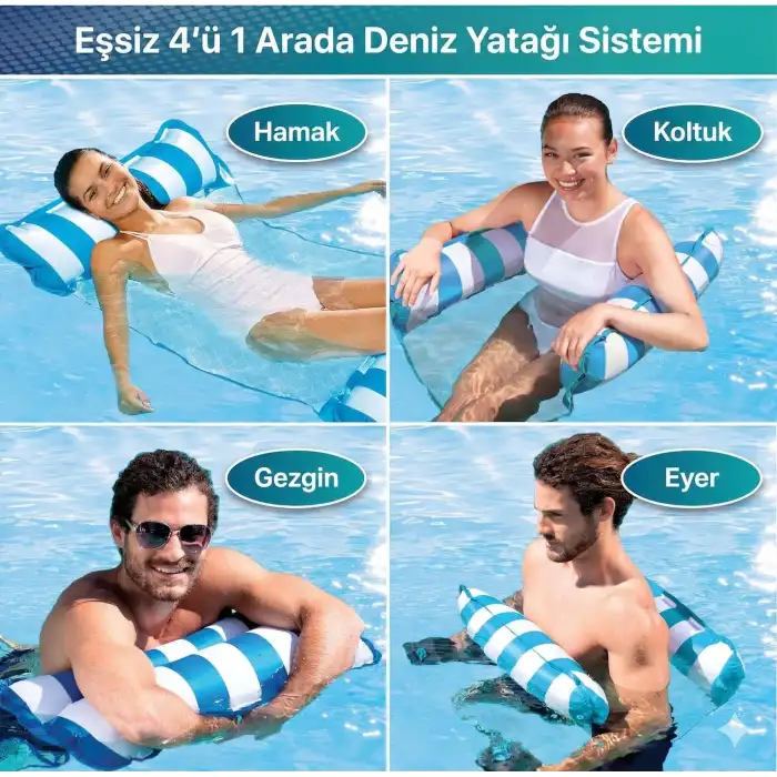 Hava Yastıklı Fileli Şişme Havuz Koltuğu 4ü 1 Arada Deniz Ve Havuz Yatağı Mavi