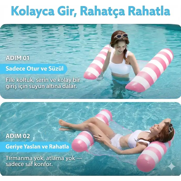 Hava Yastıklı Fileli Şişme Havuz Koltuğu 4ü 1 Arada Deniz ve Havuz Yatağı Pembe