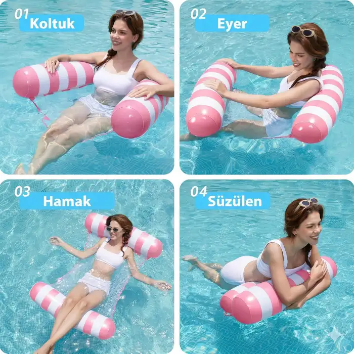Hava Yastıklı Fileli Şişme Havuz Koltuğu 4ü 1 Arada Deniz ve Havuz Yatağı Pembe