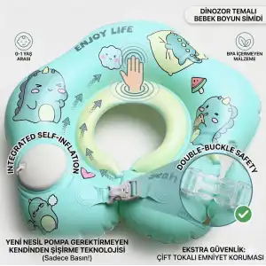 Kendinden Pompalı Bebek Yüzme Simidi - Pompa Gerektirmeyen Yeni Nesil 0-12 Ay Bebek Simidi, Çift Emniyet Tokalı Güvenli Tasarım (Dinozor Yeşil)