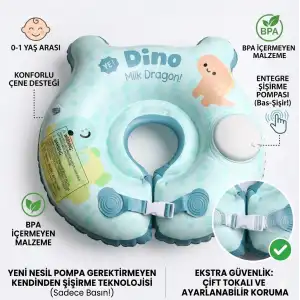 Bebek Yüzme Simidi Bas Şişir Pratik 0-1 Yaş Çift Emniyet Kilitli Mavi Dino Simit
