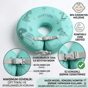 İçi Süngerli Bebek Yüzme Simidi Şişirme Gerektirmeyen Patlamaz 0-1 Yaş Çift Emniyetli Yeşil Dino Simit
