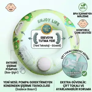 Bas Şişir Pratik Bebek Yüzme Simidi Pompa Gerektirmeyen Ebeveyn Tutma Yerli Çift Emniyetli Yeşil Simit