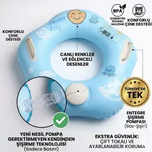 Bas Şişir Pratik Bebek Yüzme Simidi Pompa Gerektirmeyen Ebeveyn Tutma Yerli Çift Emniyetli Mavi Simit