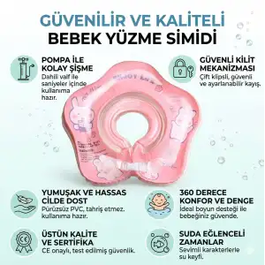 Bebek Yüzme Simidi - Güvenli Çift Tokalı Bebek Deniz & Havuz Simidi - Pembe Tavşan Figürlü