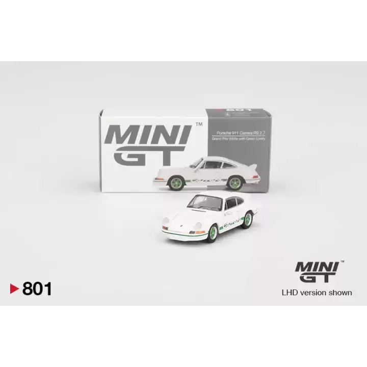 Mini GT 1/64 Porsche 911 Carrera RS 2.7 Grand Prix White with Green Livery MGT00801