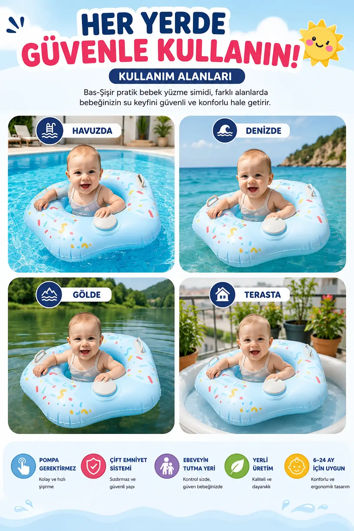 ToyFlyer Bas-Şişir Çocuk Yüzme Simidi – Ebeveyn Tutma Kollu Mavi 12-36 Ay SR013