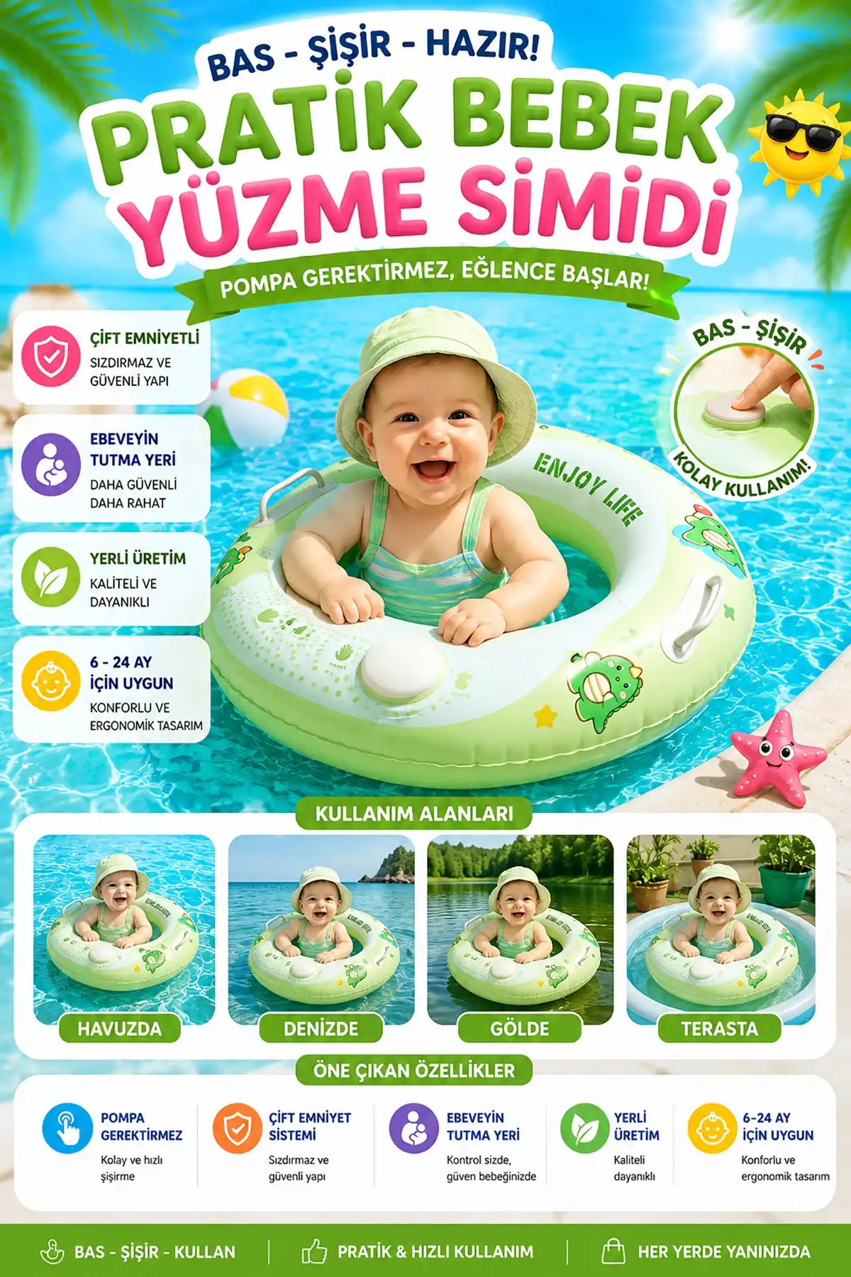 ToyFlyer Bas-Şişir Çocuk Yüzme Simidi – Ebeveyn Tutma Kollu Yeşil 12-36 Ay SR010