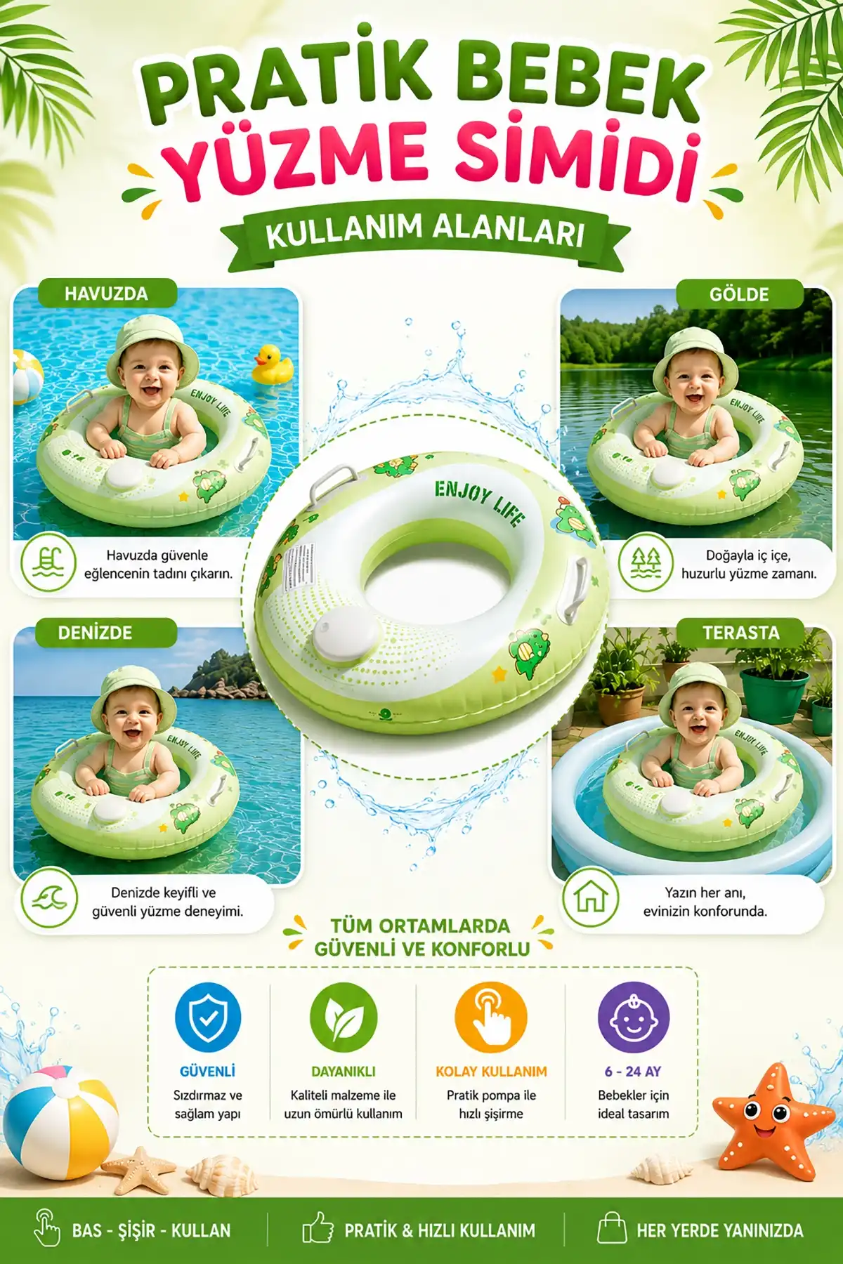 ToyFlyer Bas-Şişir Çocuk Yüzme Simidi – Ebeveyn Tutma Kollu Yeşil 12-36 Ay SR010