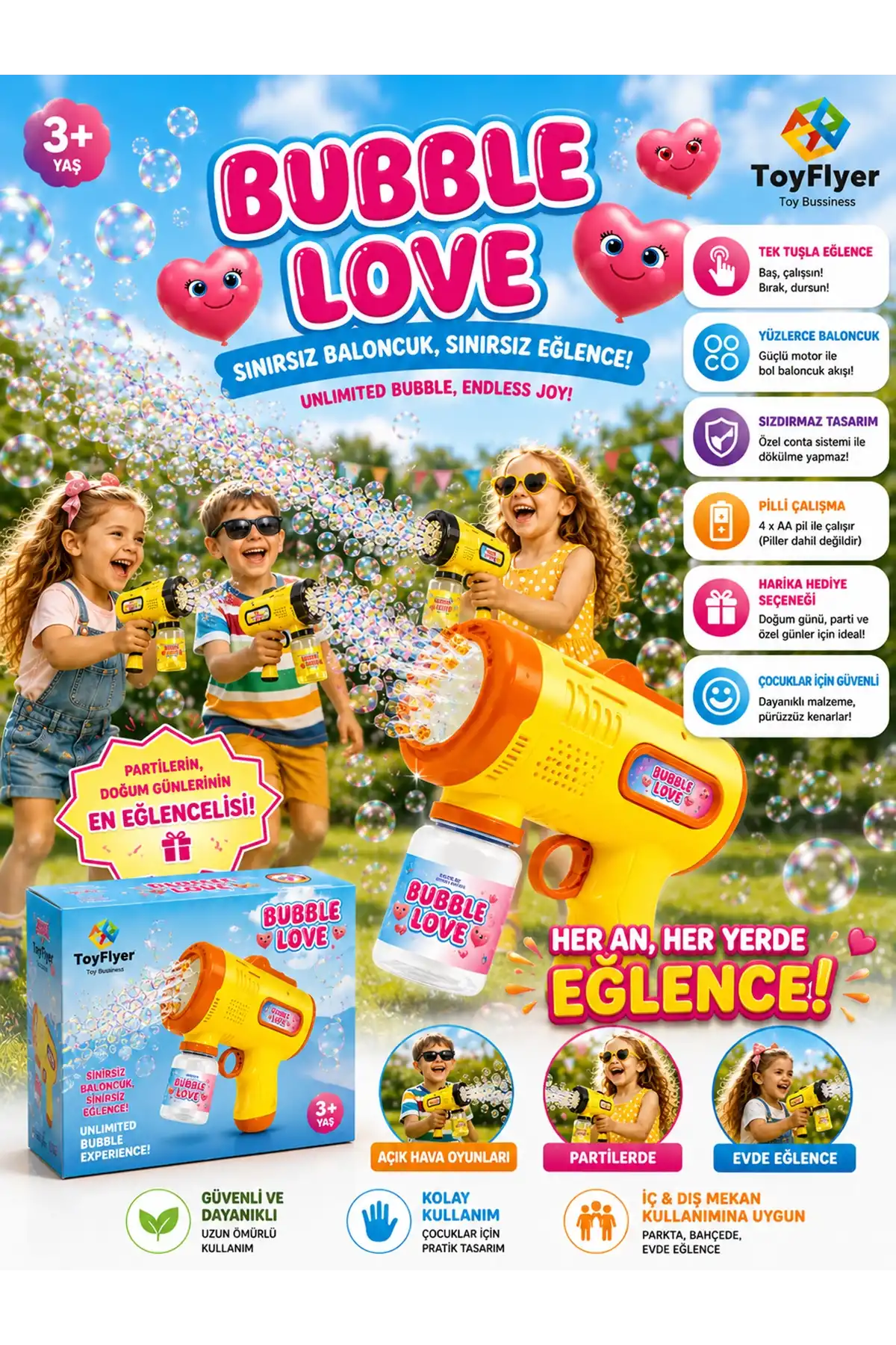 ToyFlyer Otomatik Köpük Tabancası Bubble Gun - Pilli Işıklı Baloncuk Oyuncağı Sarı HL044ESarı