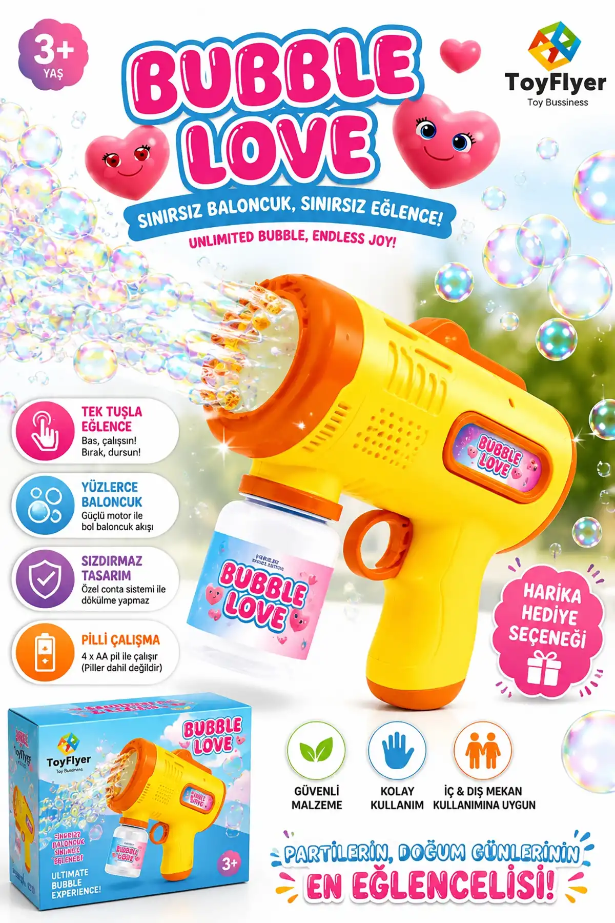 ToyFlyer Otomatik Köpük Tabancası Bubble Gun - Pilli Işıklı Baloncuk Oyuncağı Sarı HL044ESarı