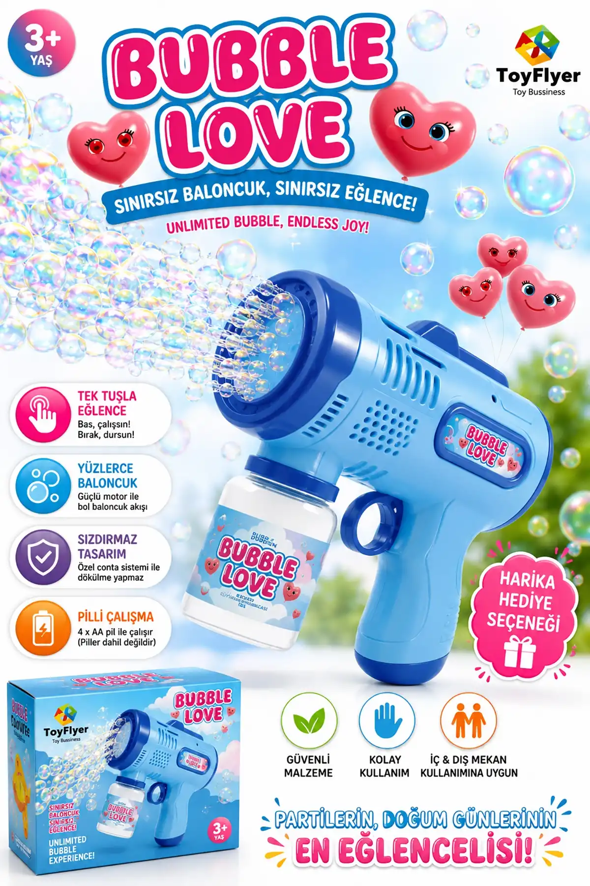 ToyFlyer Otomatik Köpük Tabancası Bubble Gun – Pilli Işıklı Baloncuk Oyuncağı Mavi (2026 Model)HL044EMavi