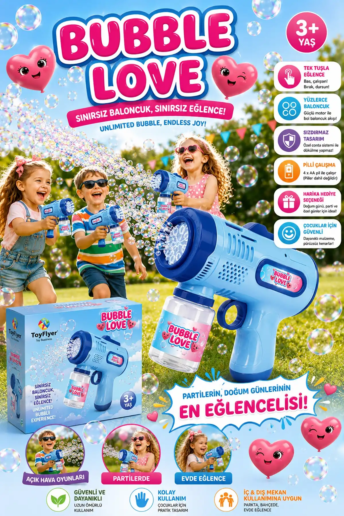 ToyFlyer Otomatik Köpük Tabancası Bubble Gun – Pilli Işıklı Baloncuk Oyuncağı Mavi (2026 Model)HL044EMavi