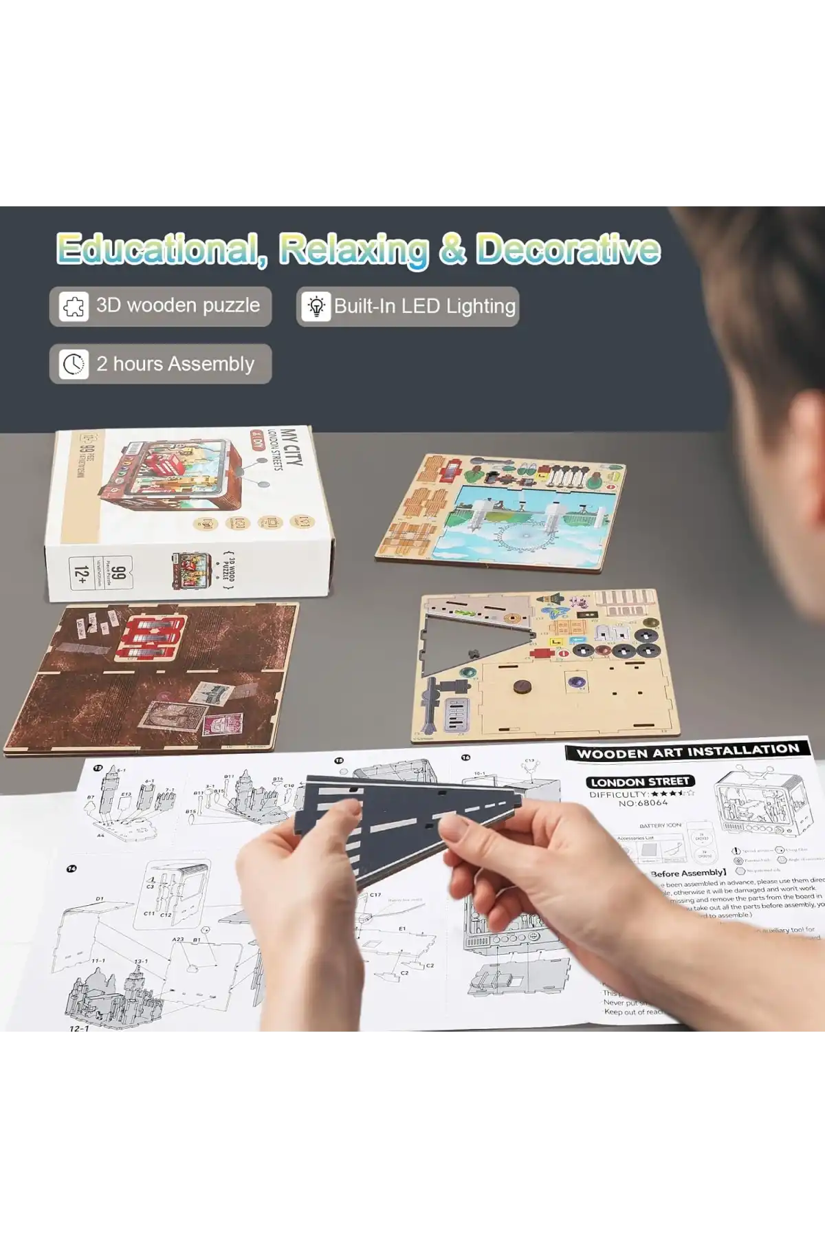 3D Puzzle Ahşap Minyatür Maket Kiti DIY Kendin Yap London Streets 97 Parça Işıklı