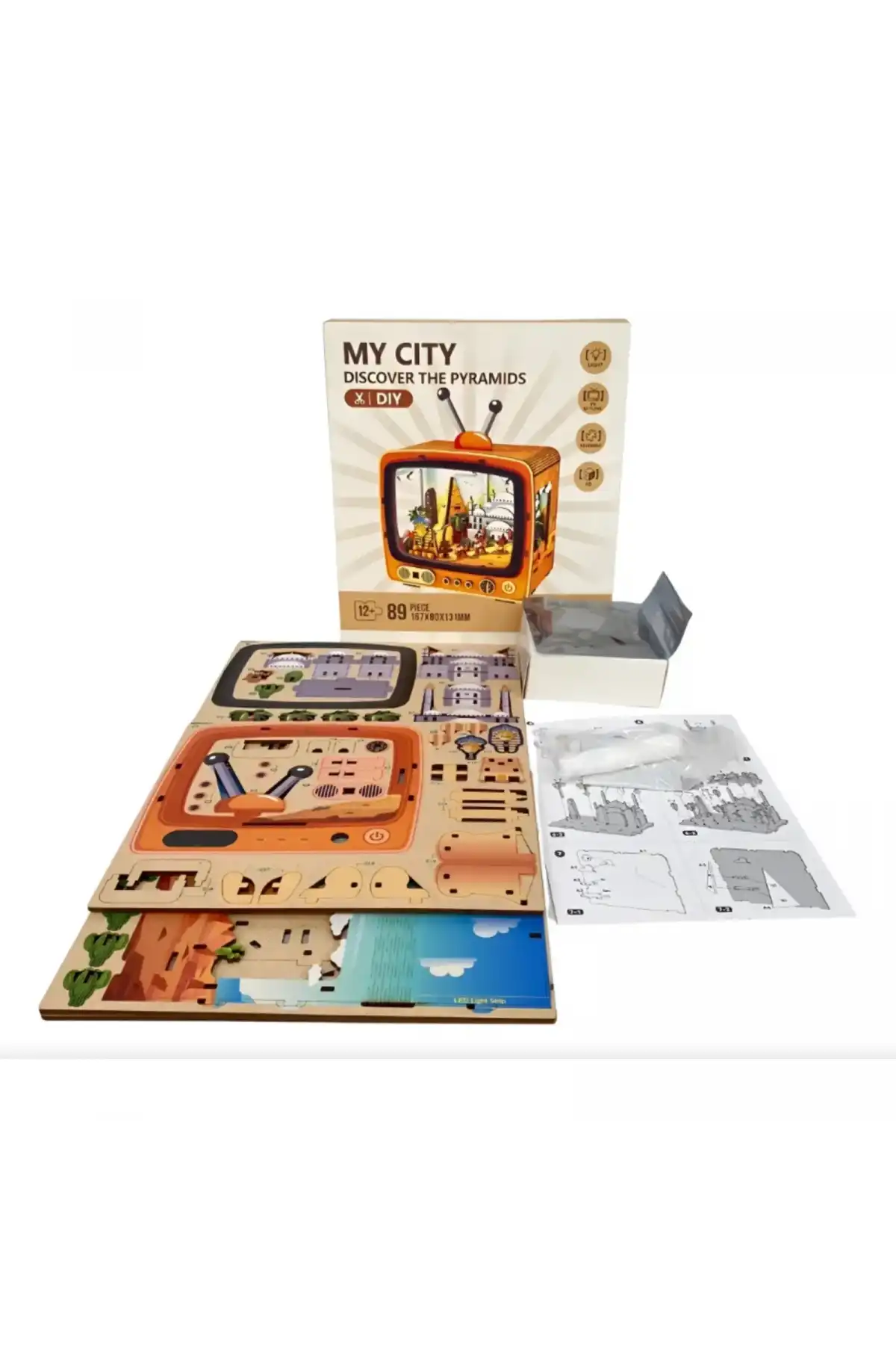 3D Puzzle Ahşap Minyatür Maket Kiti DIY Kendin Yap Piramitler 89 Parça Işıklı