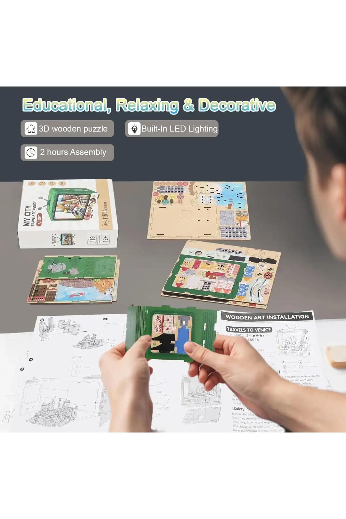3D Puzzle Ahşap Minyatür Maket Kiti DIY Kendin Yap Venice 139 Parça Işıklı