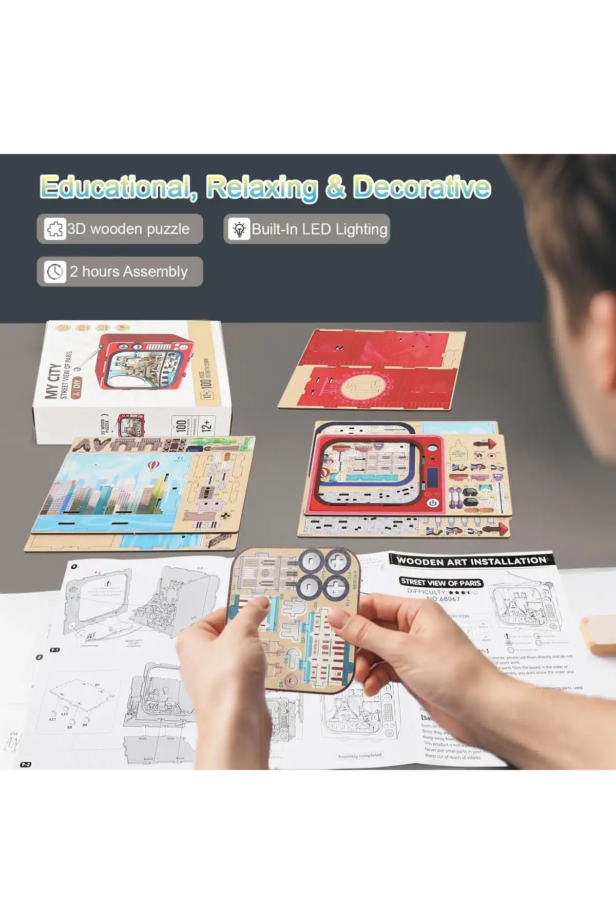 3D Puzzle Ahşap Minyatür Maket Kiti DIY Kendin Yap Paris 124 Parça Işıklı