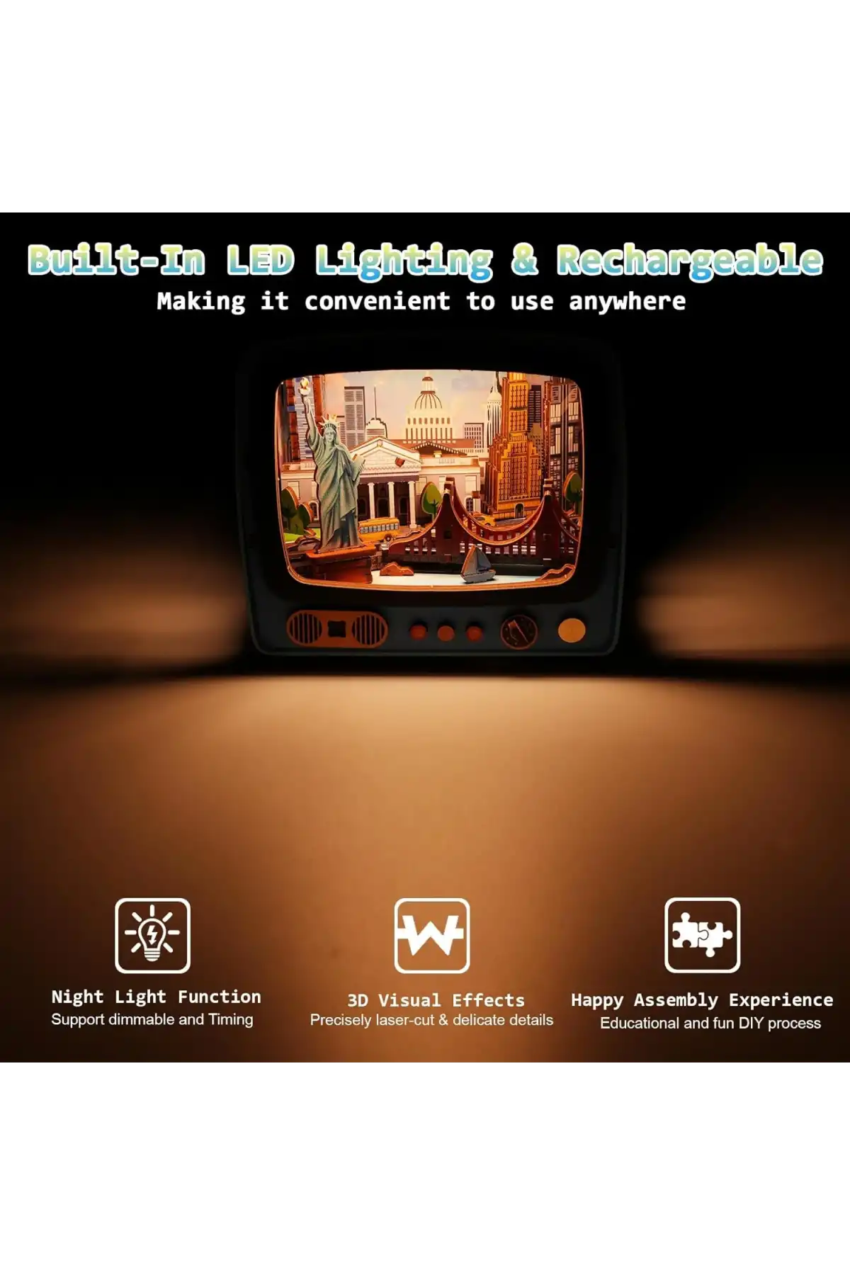 3D Puzzle Ahşap Minyatür Maket Kiti DIY Kendin Yap New York 78 Parça Işıklı