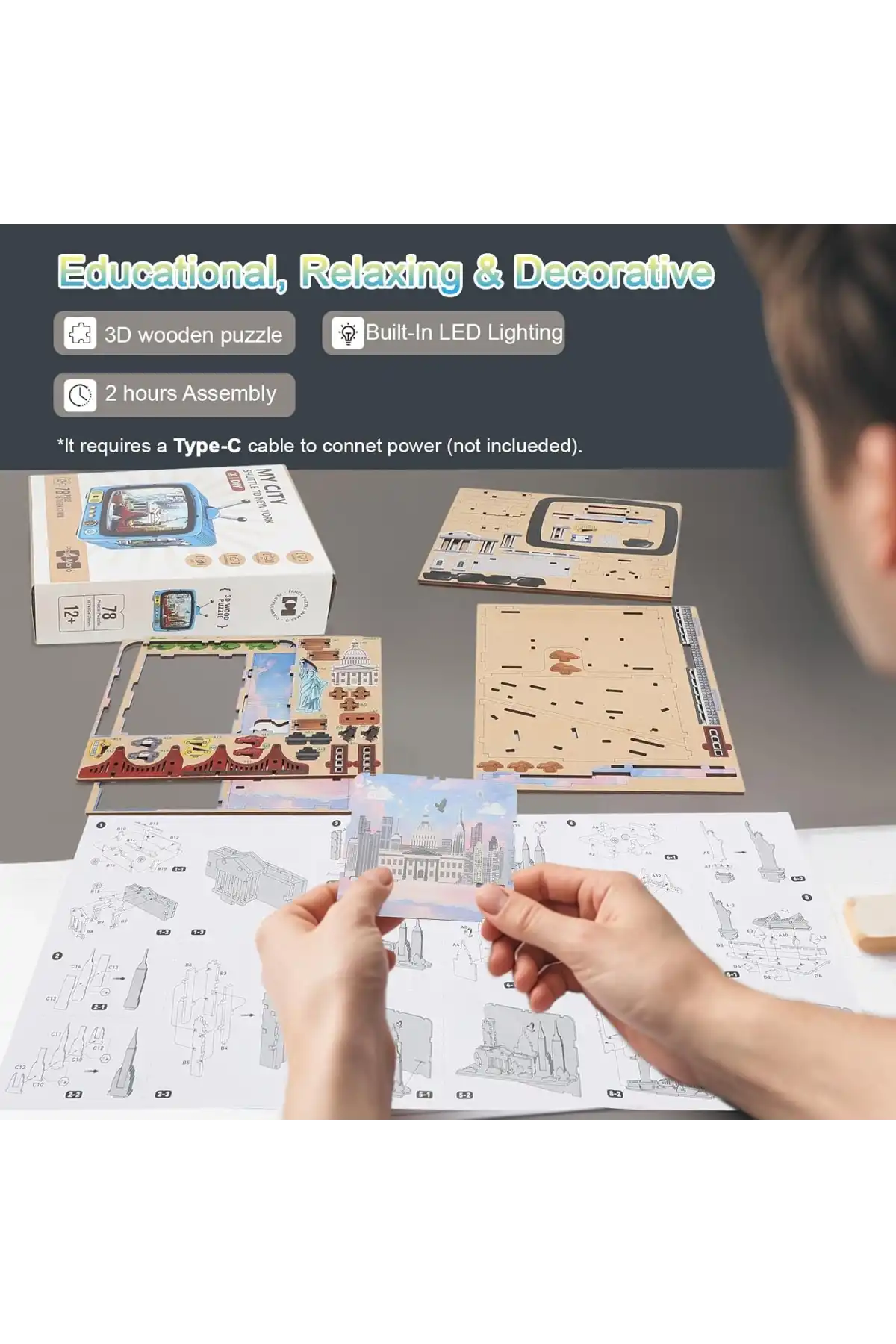 3D Puzzle Ahşap Minyatür Maket Kiti DIY Kendin Yap New York 78 Parça Işıklı