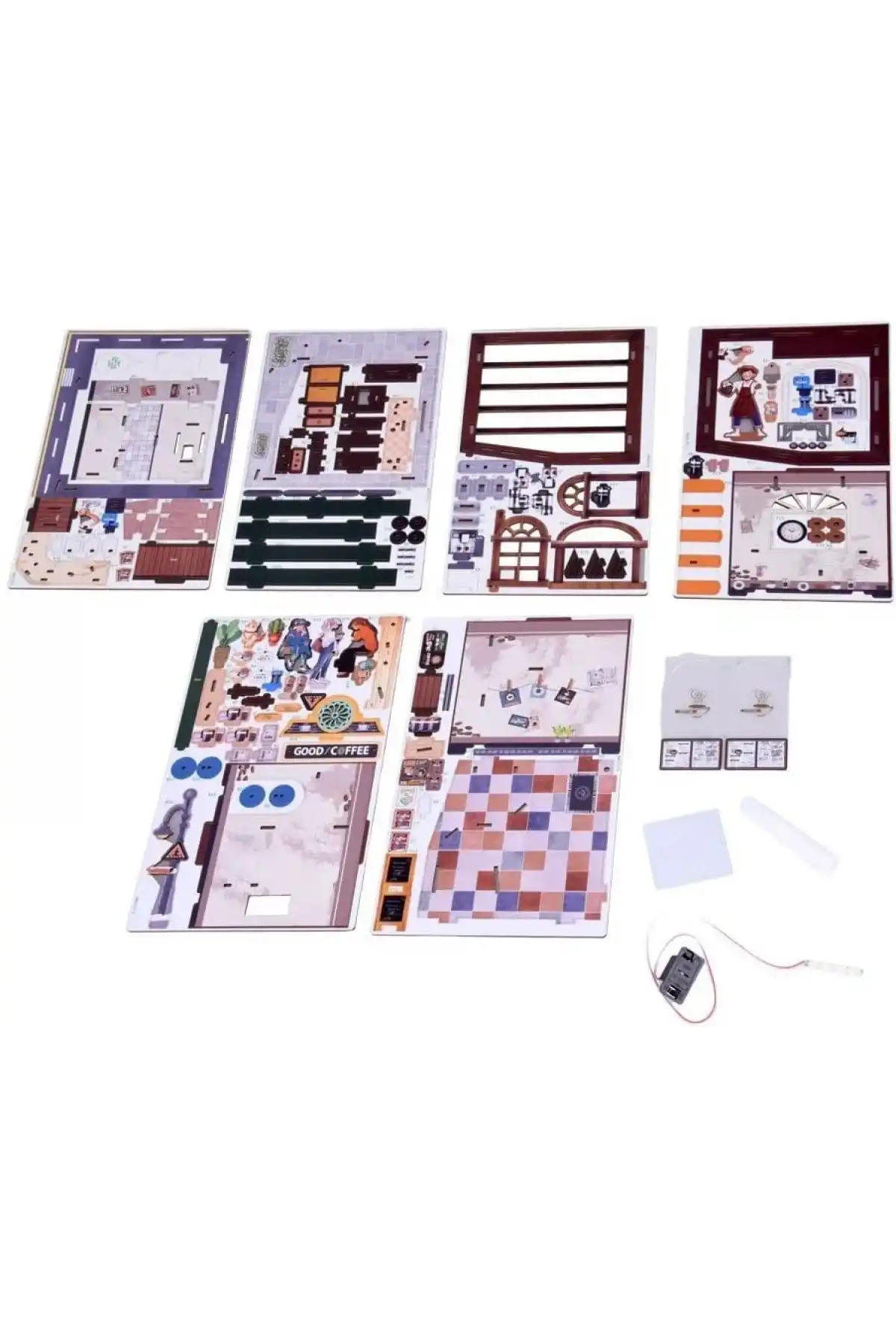 3D Puzzle Ahşap Minyatür Maket Kiti DIY Kendin Yap Kahve Dükkanı Işıklı