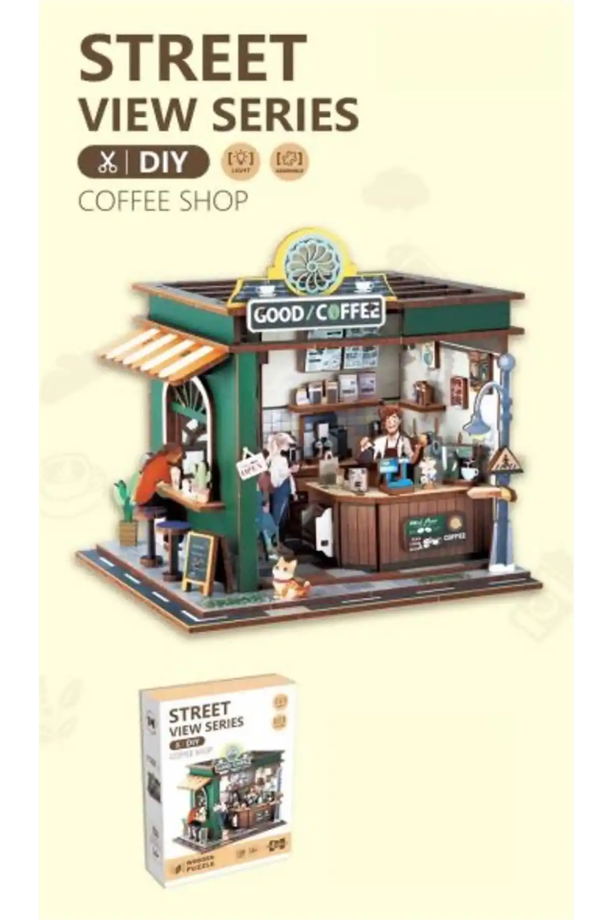 3D Puzzle Ahşap Minyatür Maket Kiti DIY Kendin Yap Kahve Dükkanı Işıklı