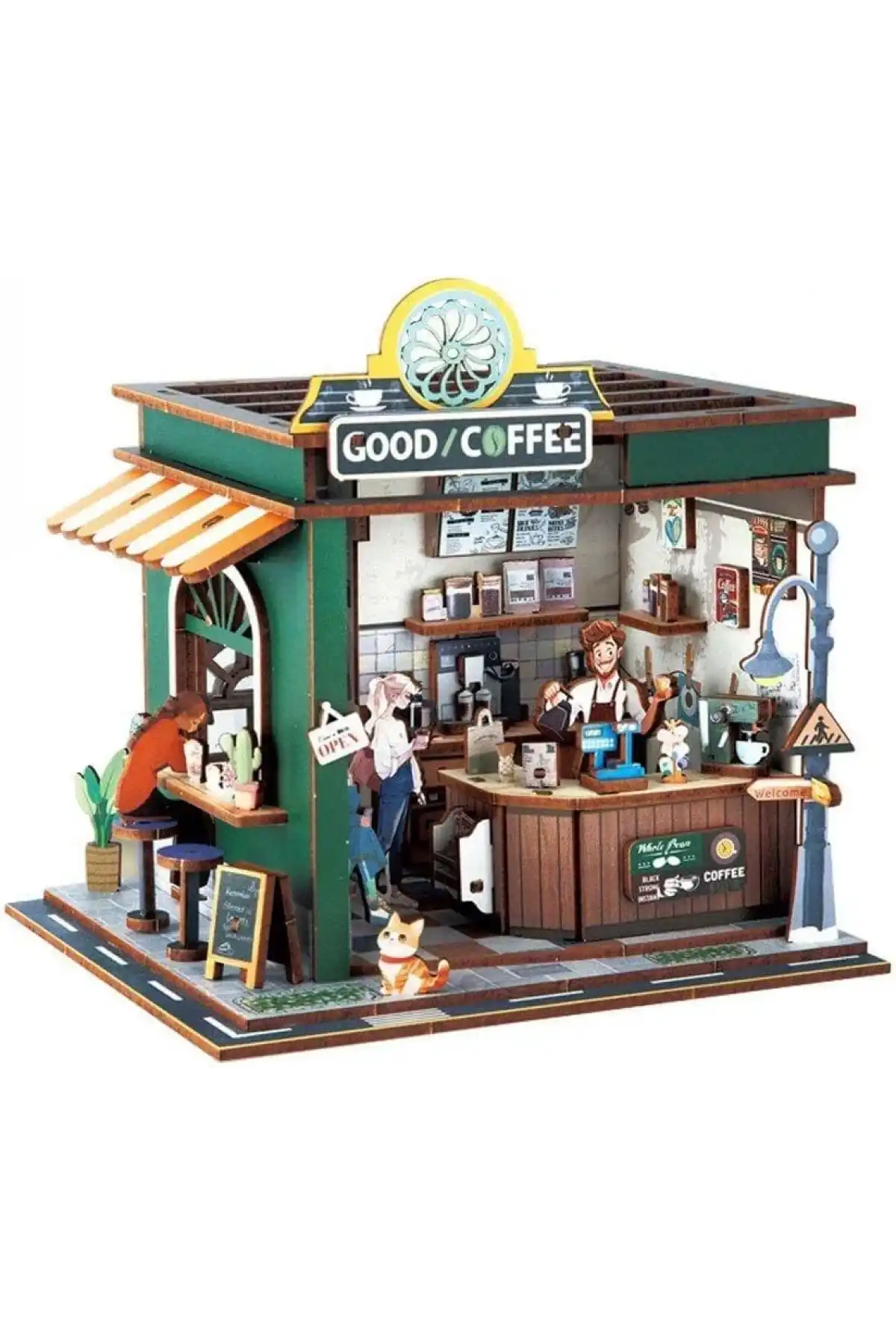 3D Puzzle Ahşap Minyatür Maket Kiti DIY Kendin Yap Kahve Dükkanı Işıklı