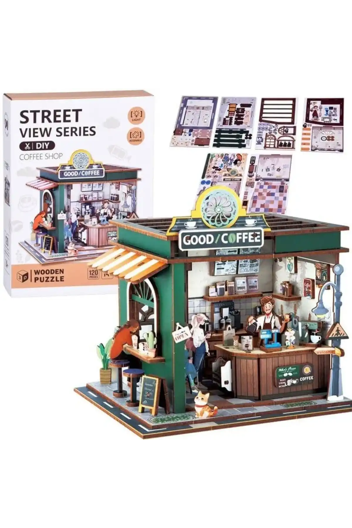 3D Puzzle Ahşap Minyatür Maket Kiti DIY Kendin Yap Kahve Dükkanı Işıklı
