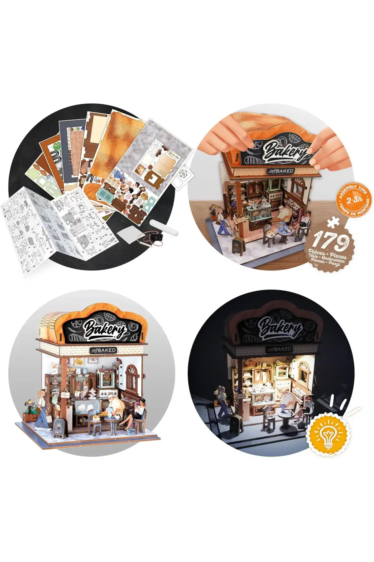 3D Puzzle Ahşap Minyatür Maket Kiti DIY Kendin Yap Fırın 179 Parça Işıklı