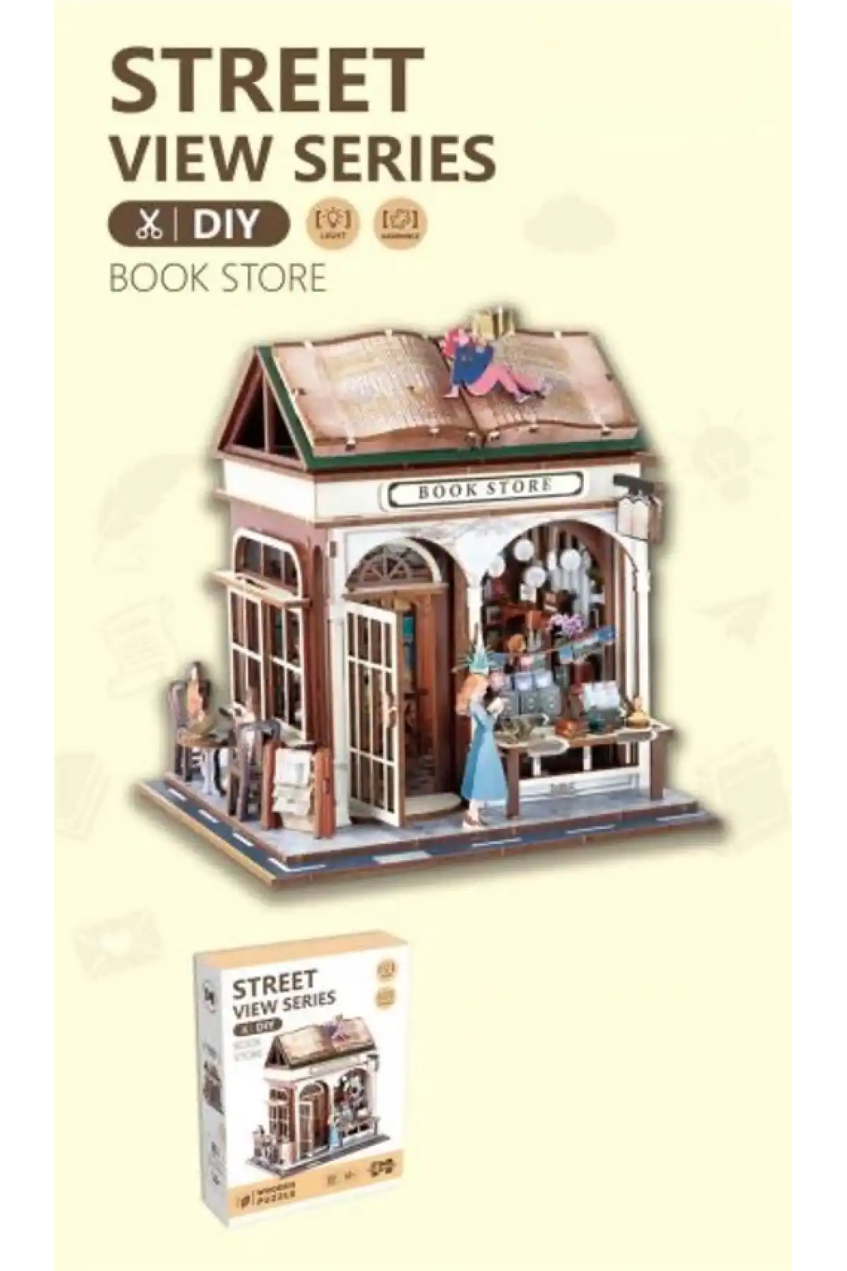 3D Puzzle Ahşap Minyatür Maket Kiti DIY Kendin Yap Kitap Dükkanı Işıklı 146 Parça