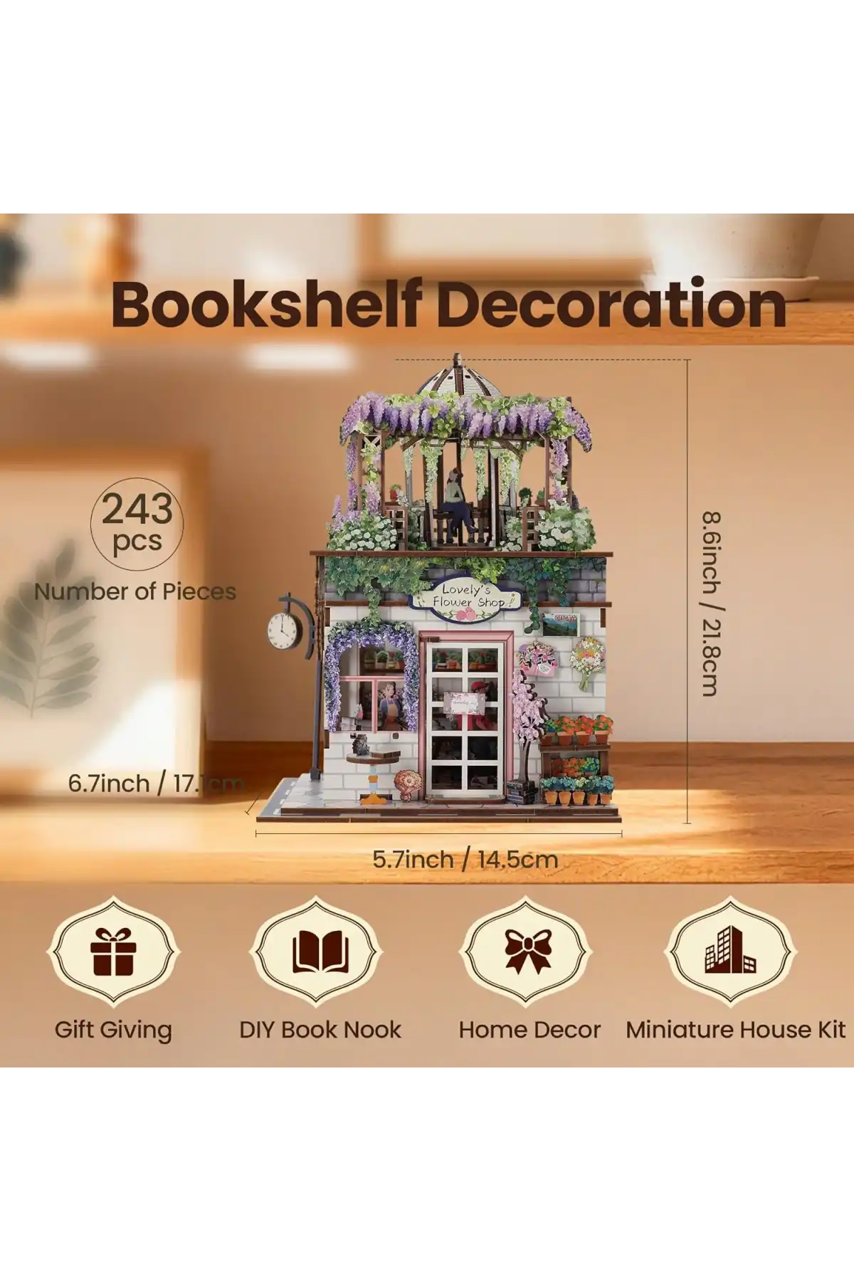 3D Puzzle Ahşap Minyatür Maket Kiti DIY Kendin Yap Çiçek Dükkanı Işıklı 243 Parça