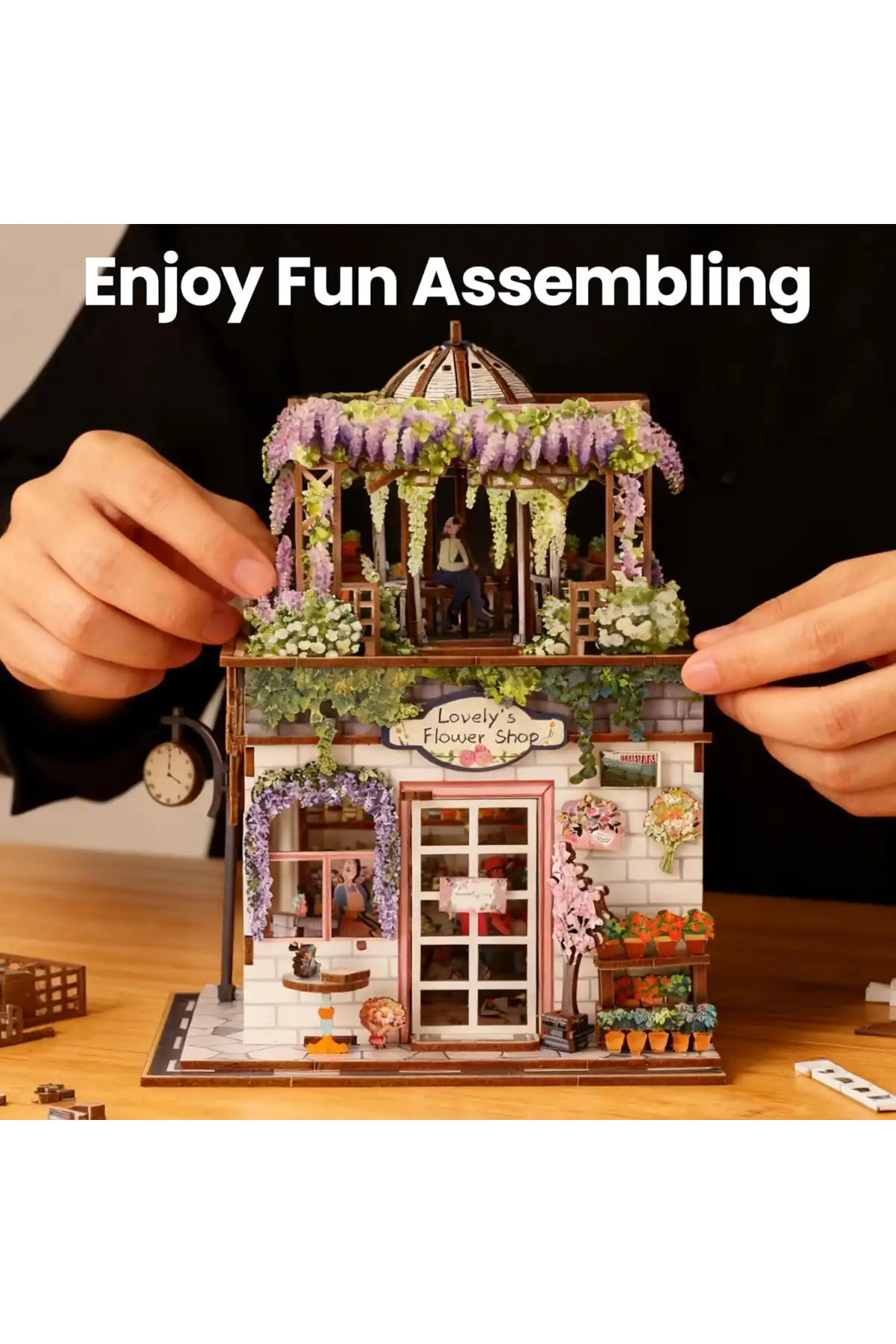 3D Puzzle Ahşap Minyatür Maket Kiti DIY Kendin Yap Çiçek Dükkanı Işıklı 243 Parça