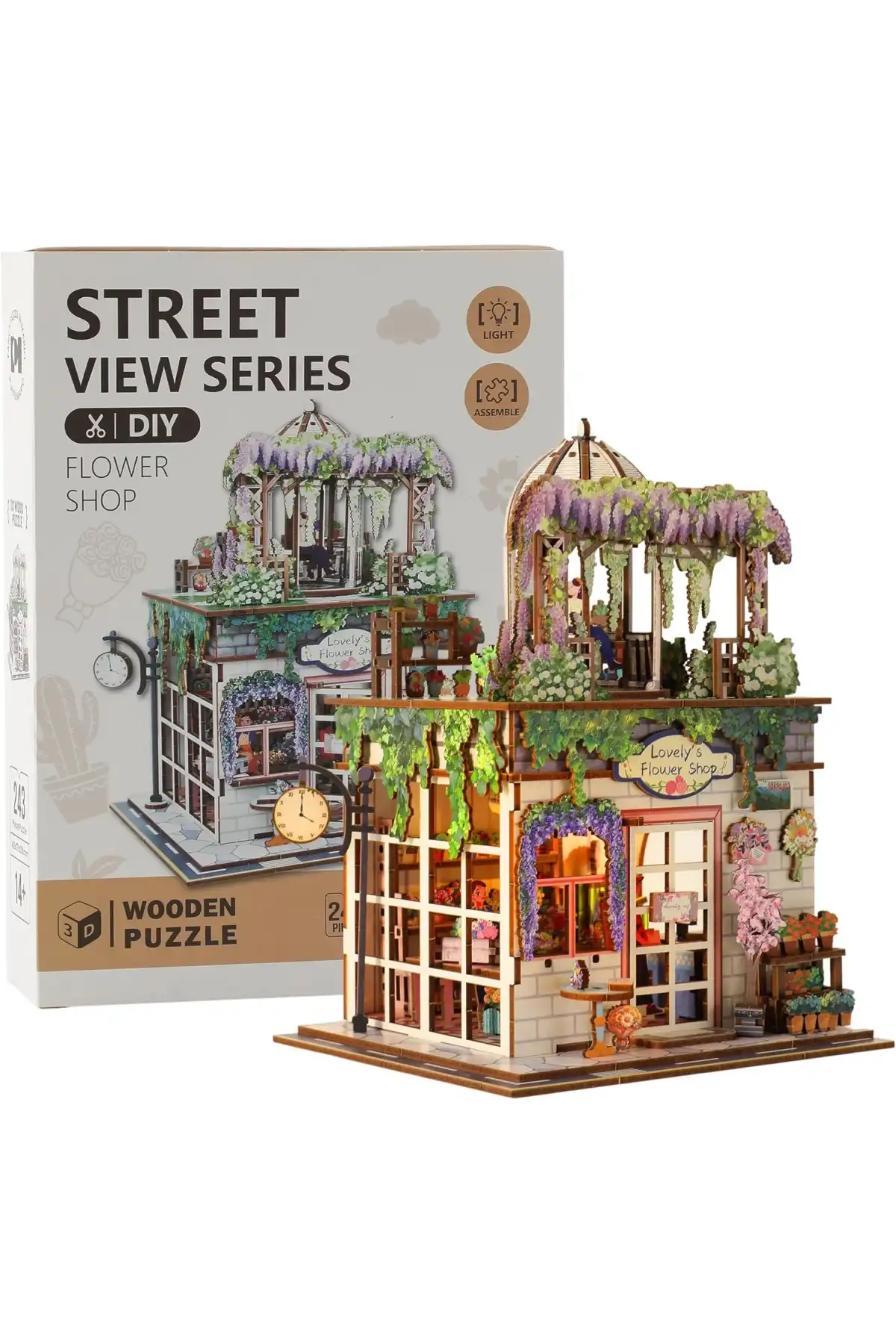 3D Puzzle Ahşap Minyatür Maket Kiti DIY Kendin Yap Çiçek Dükkanı Işıklı 243 Parça