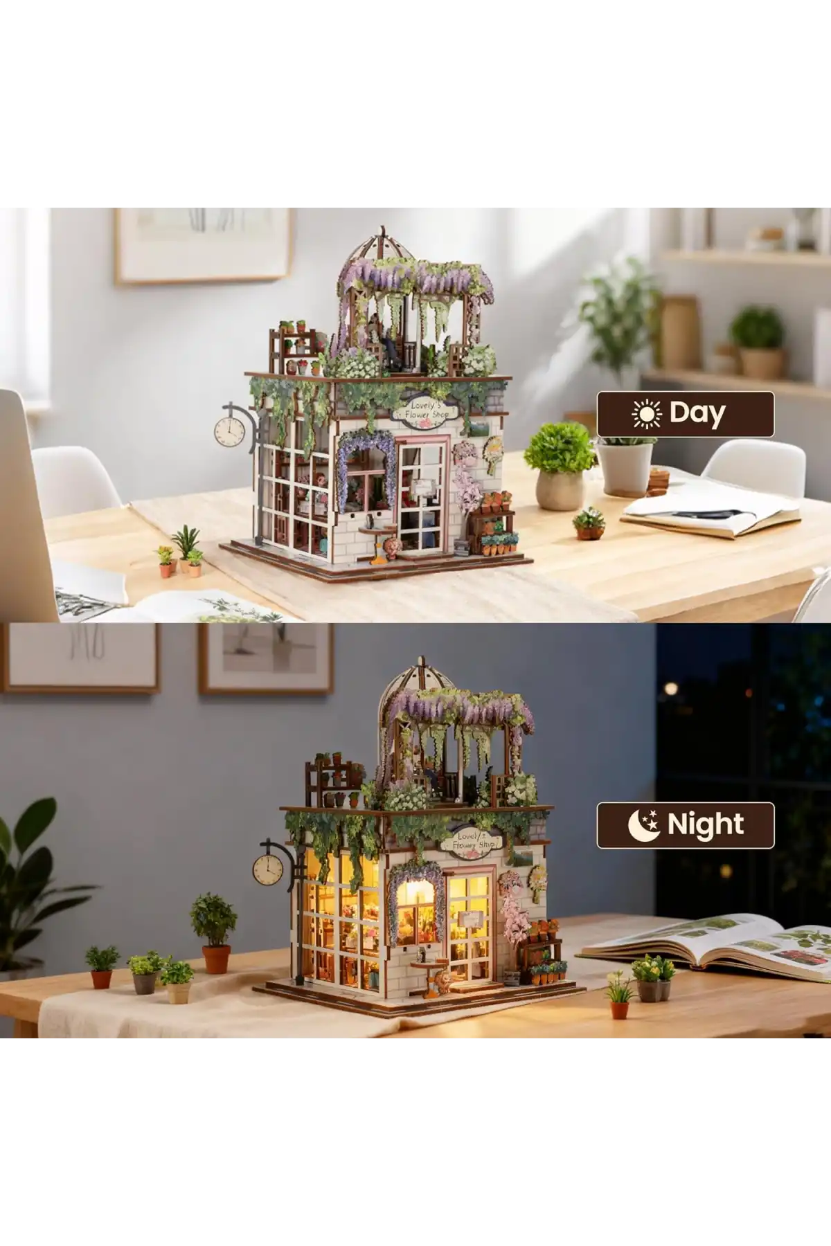 3D Puzzle Ahşap Minyatür Maket Kiti DIY Kendin Yap Çiçek Dükkanı Işıklı 243 Parça