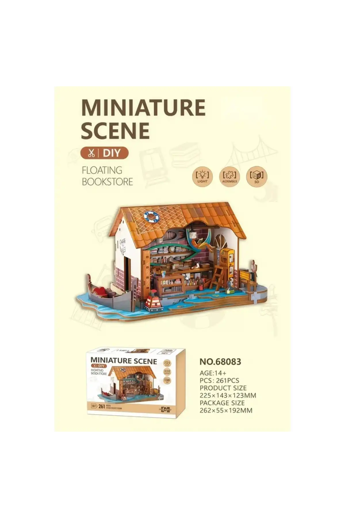 3D Puzzle Ahşap Minyatür Maket Kiti DIY Kendin Yap Kitapçı Işıklı 266 Parça