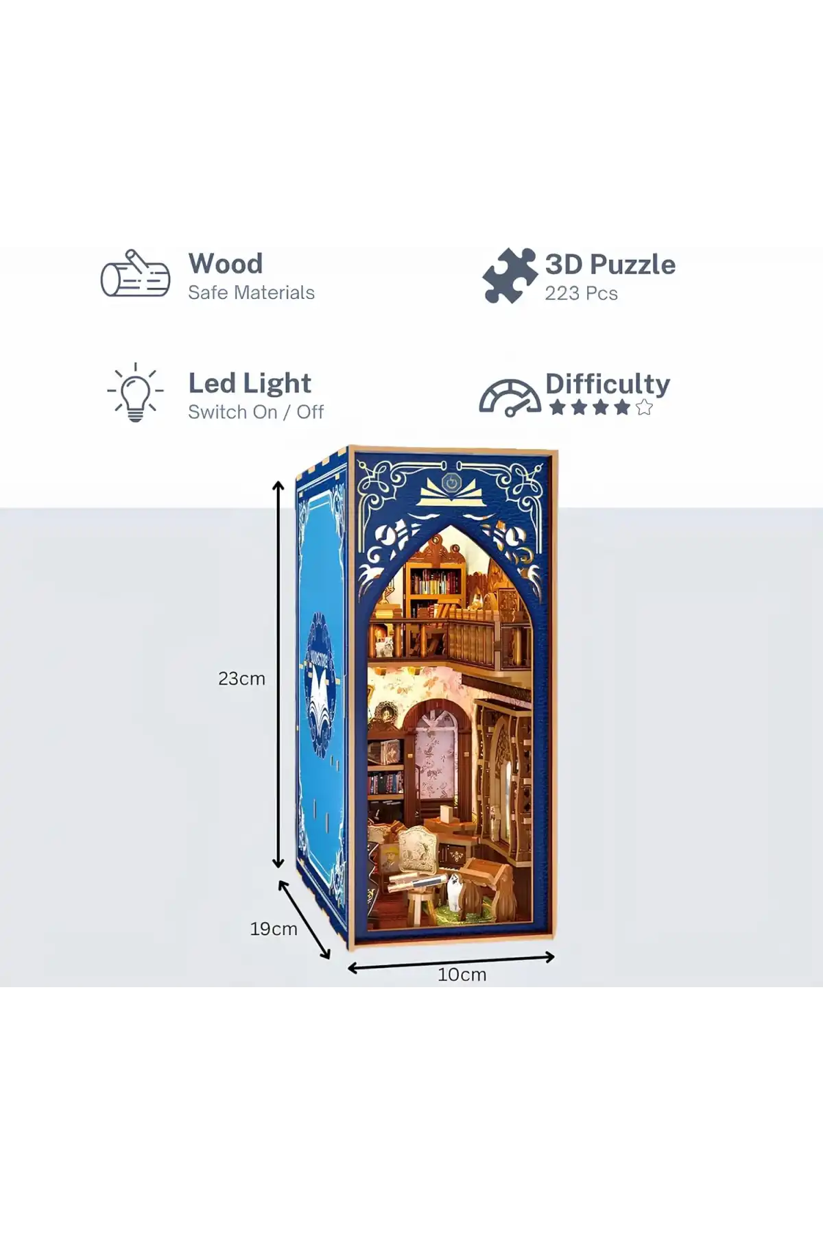 3D Puzzle Ahşap Minyatür Maket Kiti DIY Kendin Yap Retro Kitap Evi Işıklı 223 Parça