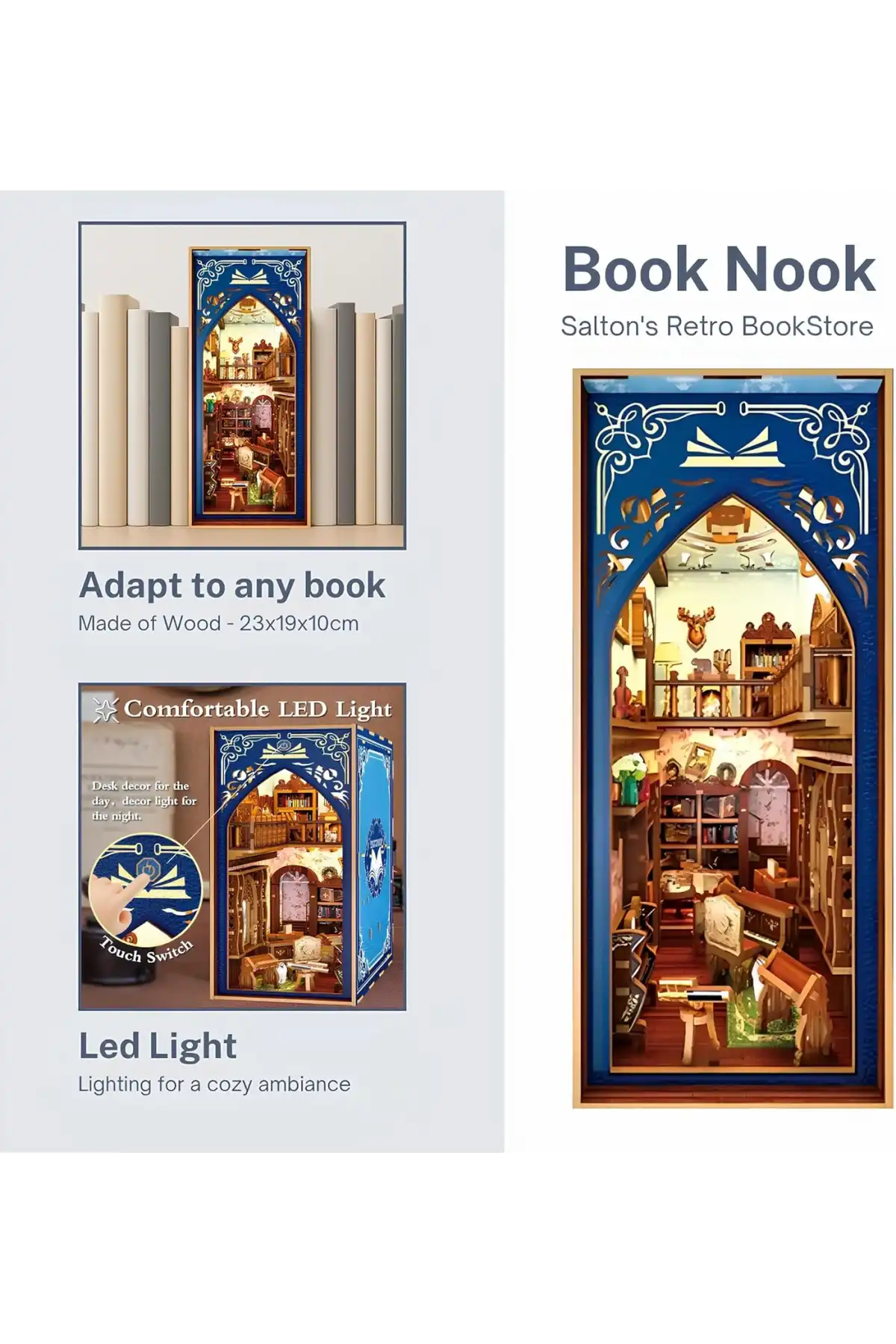 3D Puzzle Ahşap Minyatür Maket Kiti DIY Kendin Yap Retro Kitap Evi Işıklı 223 Parça
