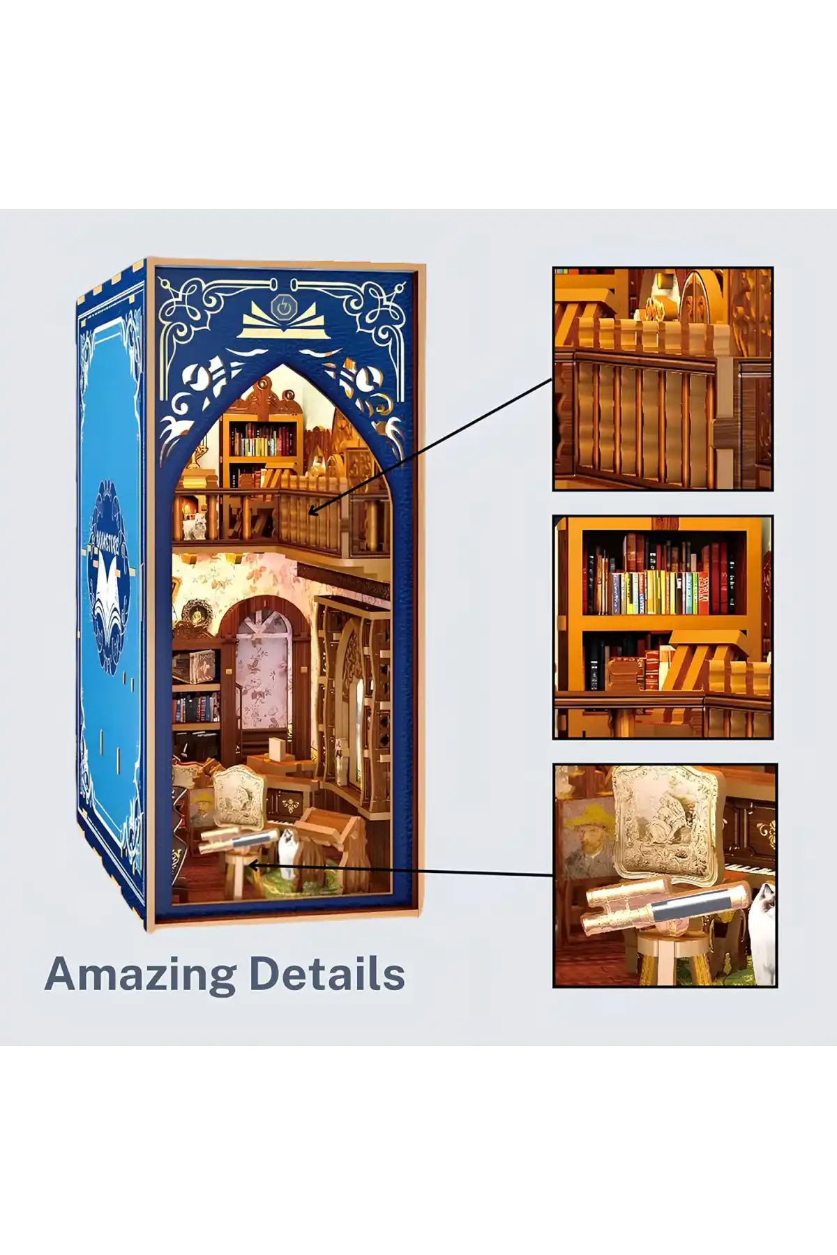 3D Puzzle Ahşap Minyatür Maket Kiti DIY Kendin Yap Retro Kitap Evi Işıklı 223 Parça