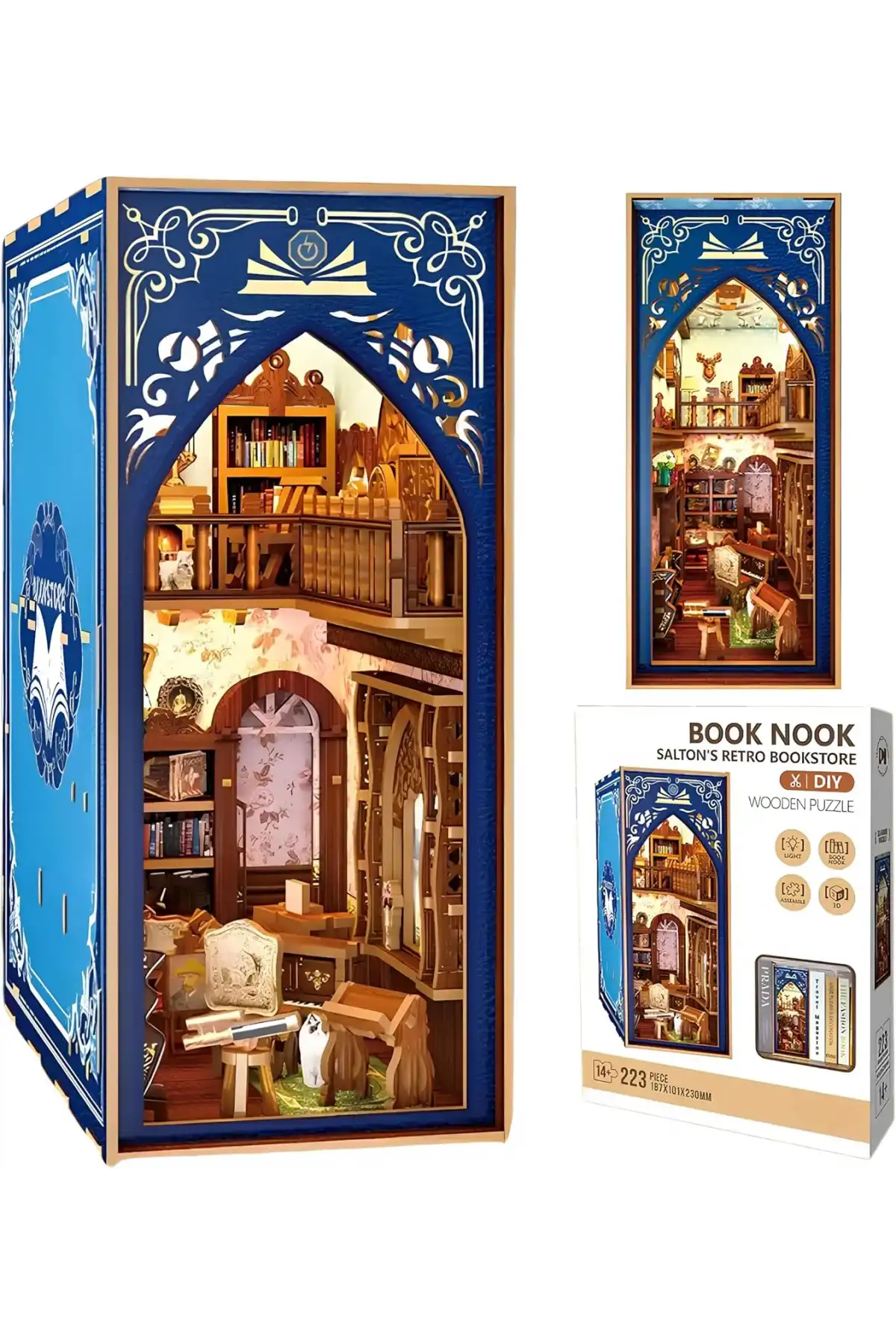 3D Puzzle Ahşap Minyatür Maket Kiti DIY Kendin Yap Retro Kitap Evi Işıklı 223 Parça