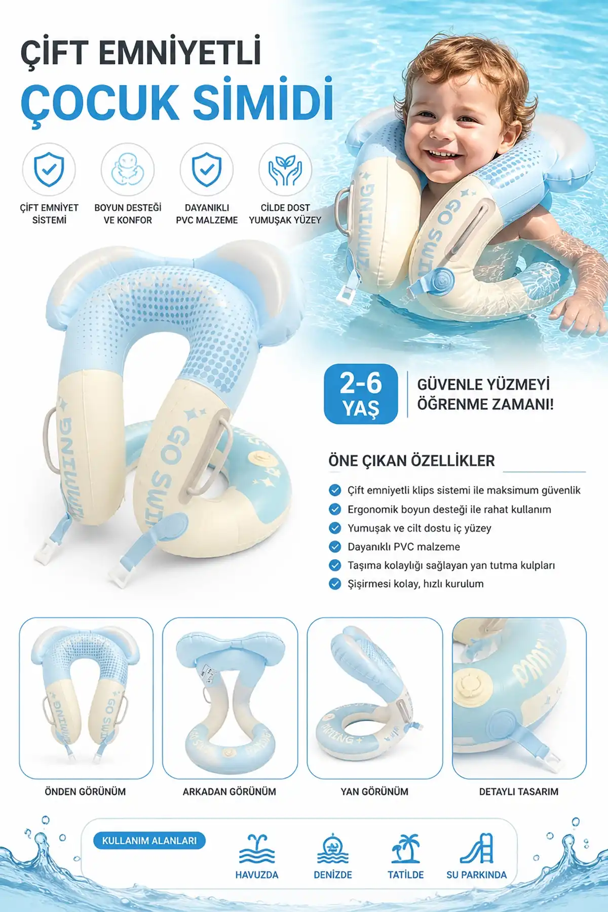 ToyFlyer Boyun Destekli Çocuk Yüzme Simidi – Kendinden Pompalı Mavi 2-6 Yaş AR016