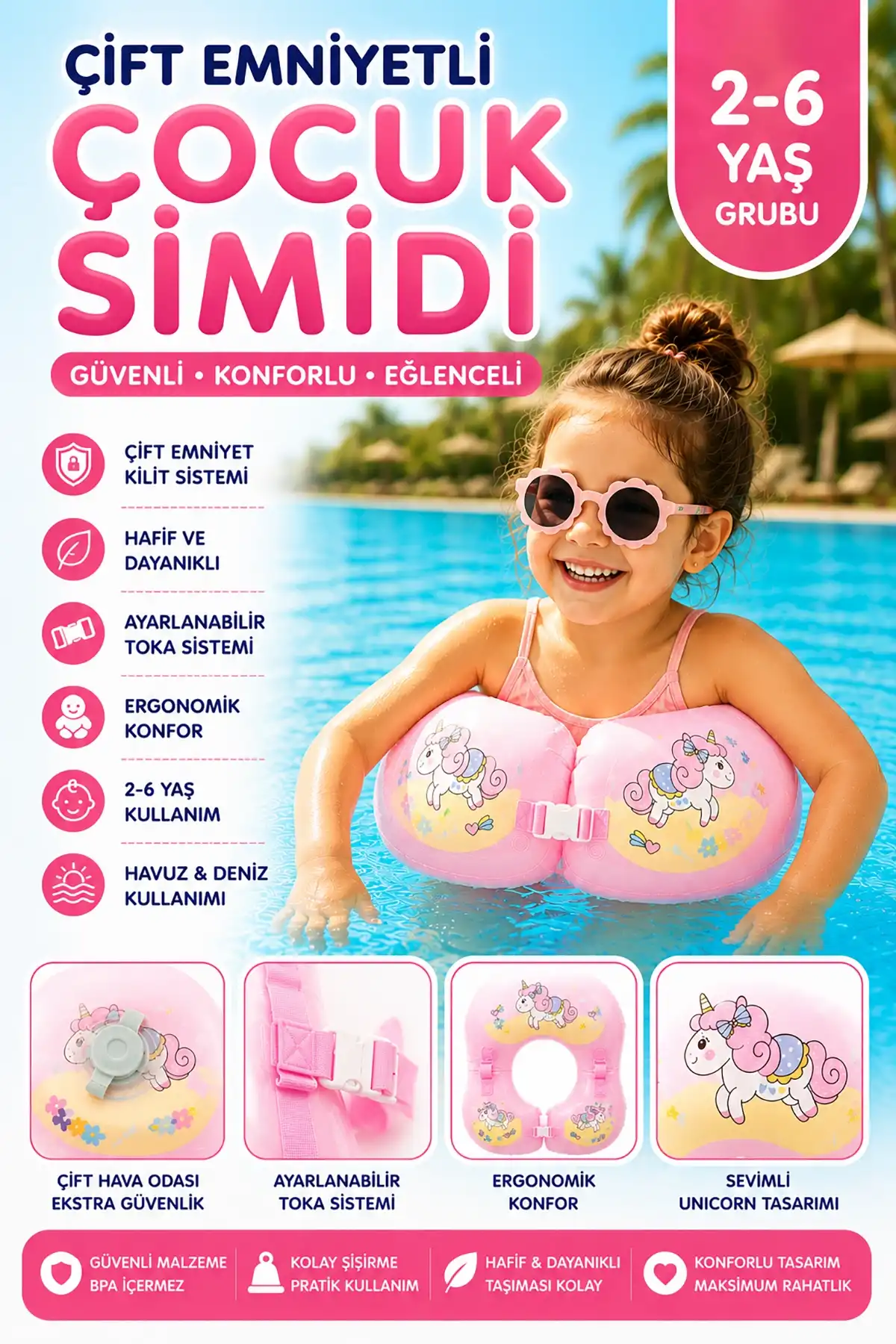 ToyFlyer Unicorn Çocuk Yüzme Simidi – Çift Tokalı Ayarlanabilir Pembe 2-6 Yaş AR008