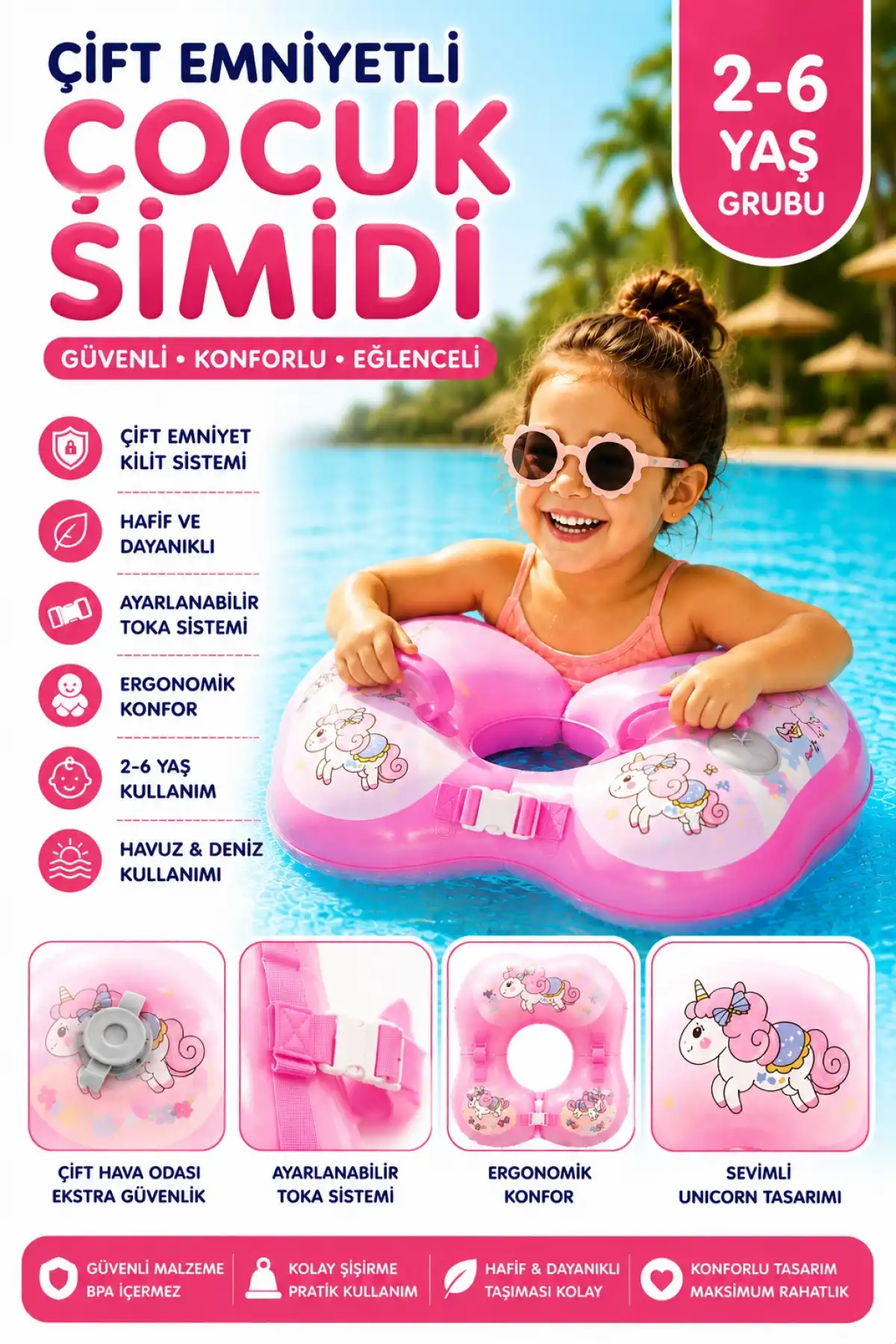 ToyFlyer Unicorn Çocuk Yüzme Simidi – Çift Tokalı Ayarlanabilir Pembe 2-6 Yaş AR008