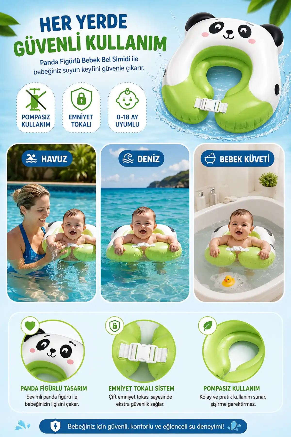 ToyFlyer Panda Figürlü Bebek Bel Yüzme Simidi – Emniyet Tokalı Pompasız Model AR001