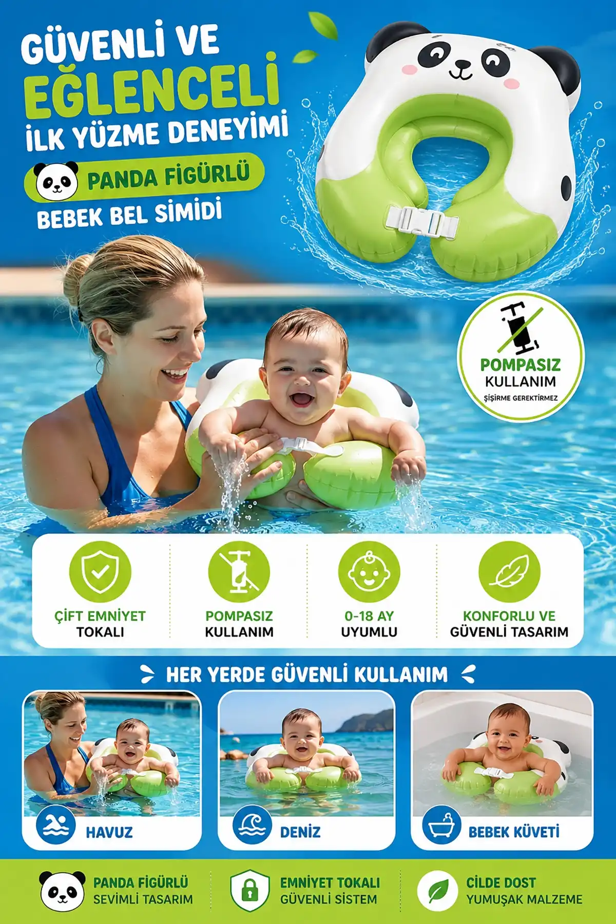 ToyFlyer Panda Figürlü Bebek Bel Yüzme Simidi – Emniyet Tokalı Pompasız Model AR001