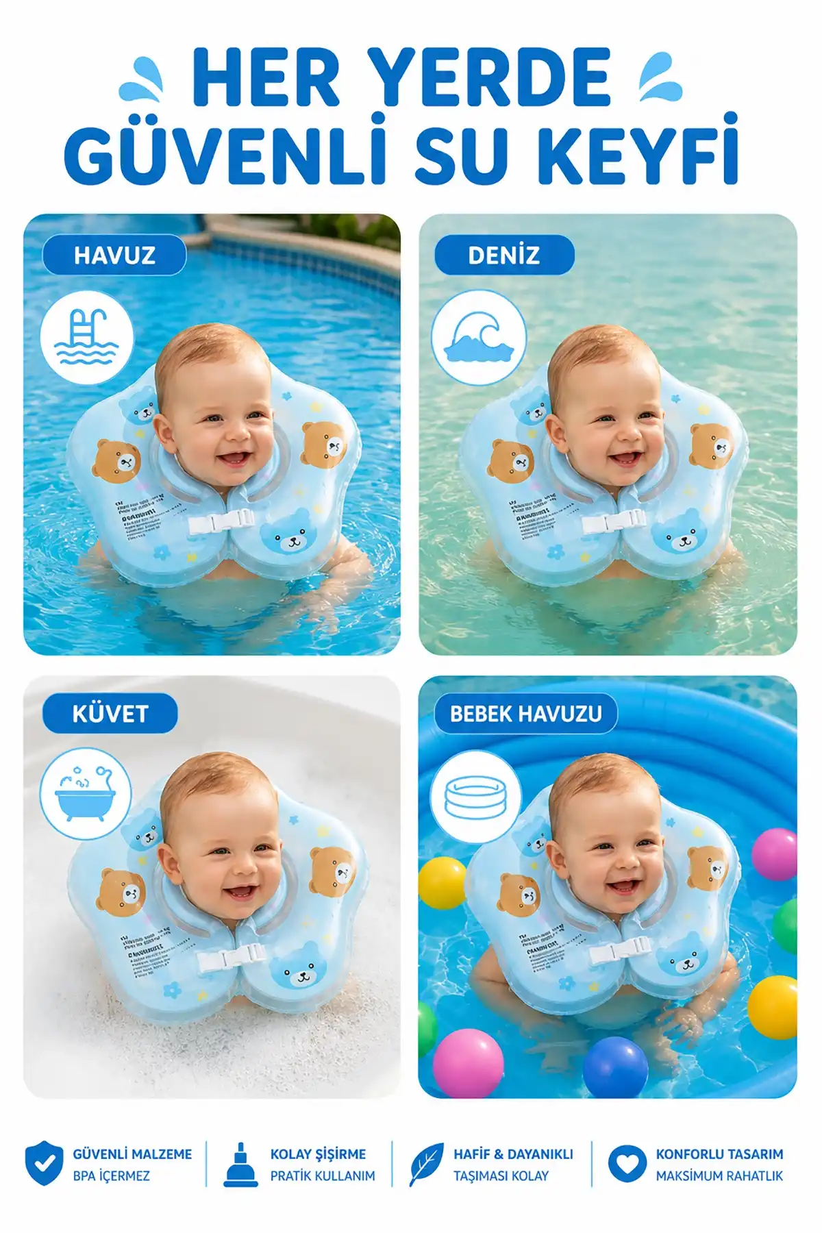 ToyFlyer Ayıcık Figürlü Bebek Boyun Yüzme Simidi – Çift Emniyet Tokalı Mavi 0-12 Ay NR001