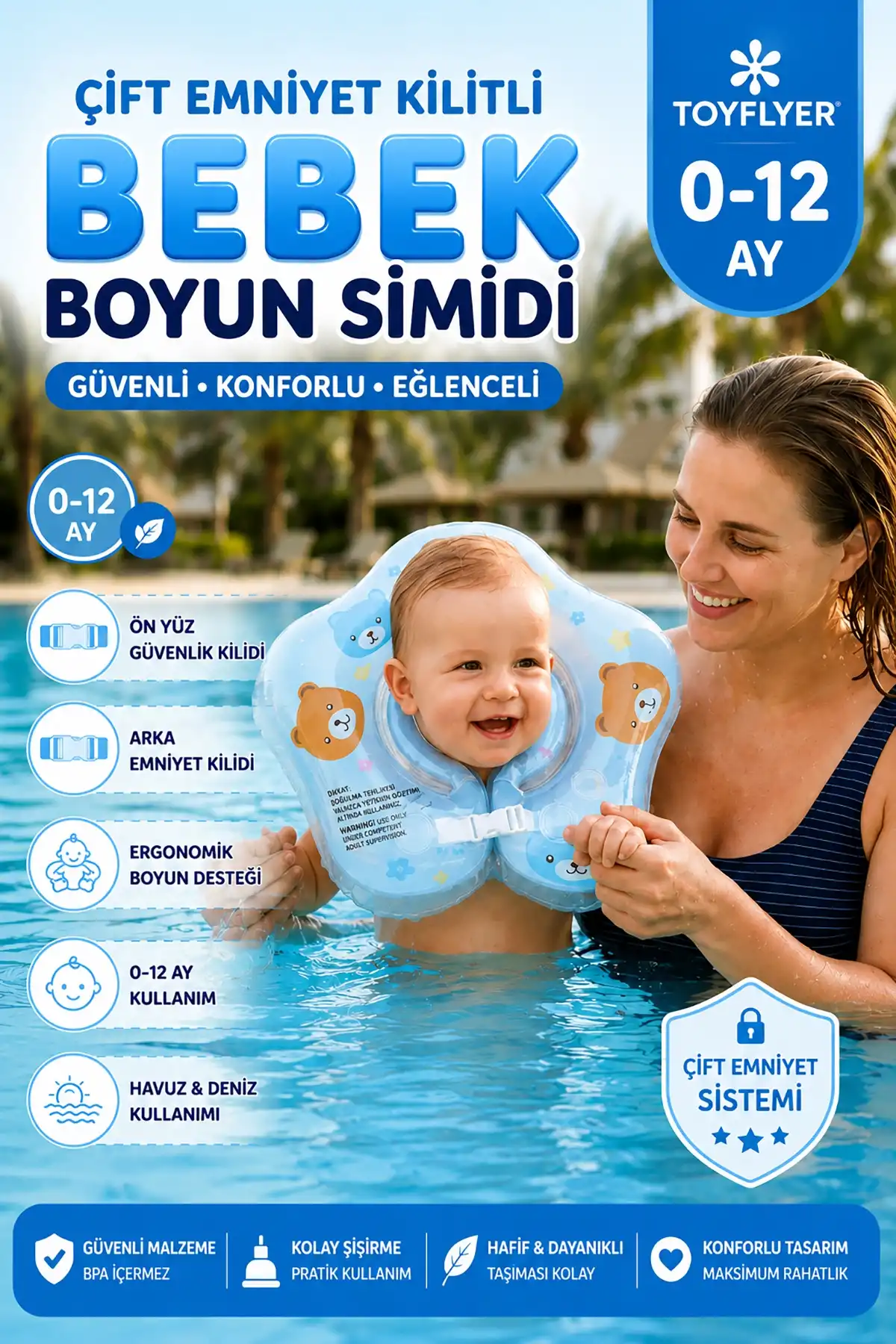 ToyFlyer Ayıcık Figürlü Bebek Boyun Yüzme Simidi – Çift Emniyet Tokalı Mavi 0-12 Ay NR001