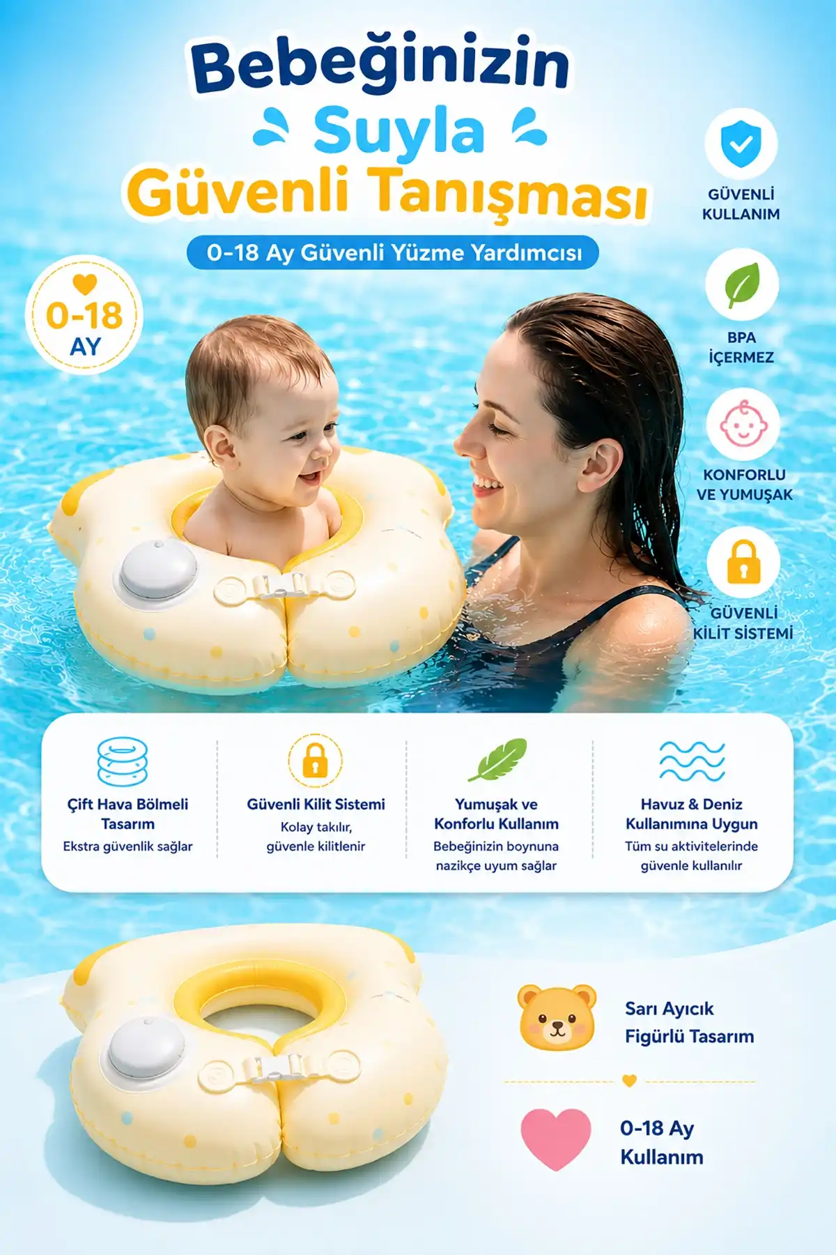 ToyFlyer Ayıcık Figürlü Bebek Yüzme Simidi – Şişme Sarı Model 0-18 Ay AR002